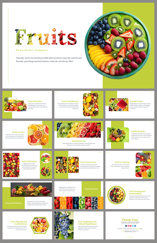 Colorful fruits slides with vibrant images of various fruits, highlighting nutrition, classification, and health benefits.