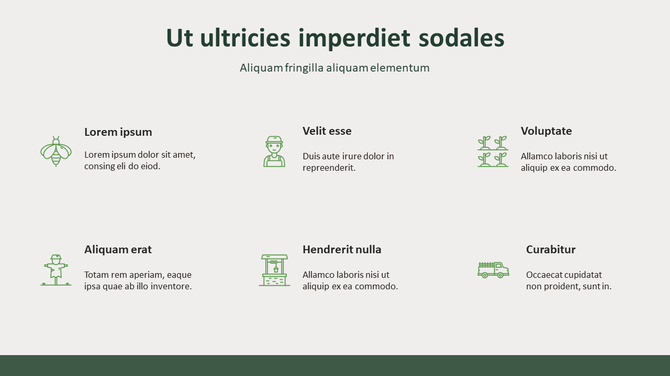 Agriculture themed slide with icons representing six various aspects like beekeeping, farming, and transportation.