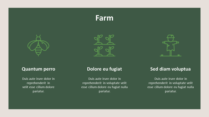 Farm themed slide with icons representing a bee, plants, and a scarecrow, each with descriptive text below.
