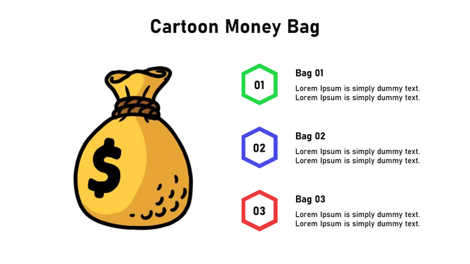 A playful cartoon illustration of a money bag with a dollar sign, accompanied by three numbered sections.
