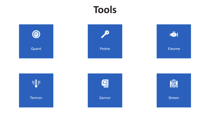 Grid layout of six tool icons with names from quant to strean, each in blue square tiles.