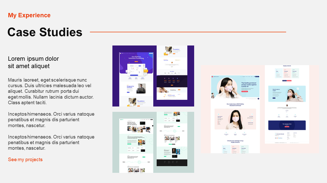 Web design case study slide with mockup thumbnails grouped by color on the right, and paragraph text and headline.