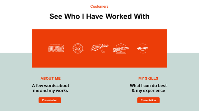 Portfolio slide showcasing client logos and sections for About Me and My Skills with presentation links.