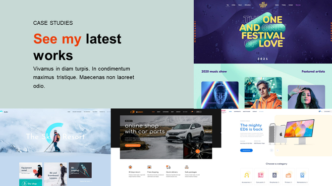 Case study portfolio layout with title and images of different website projects, including festival and e commerce sites.