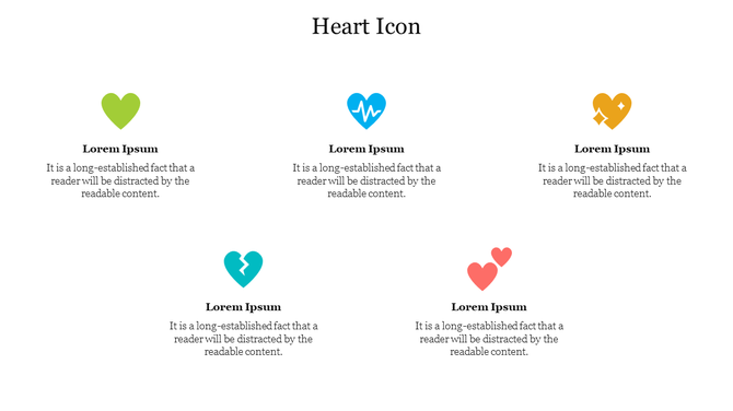 Slide displaying five colorful heart icons with text descriptions, representing different themes under the title.