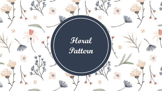 Minimal floral wallpaper design with delicate blossoms and leaves, featuring a central navy badge labeled text.