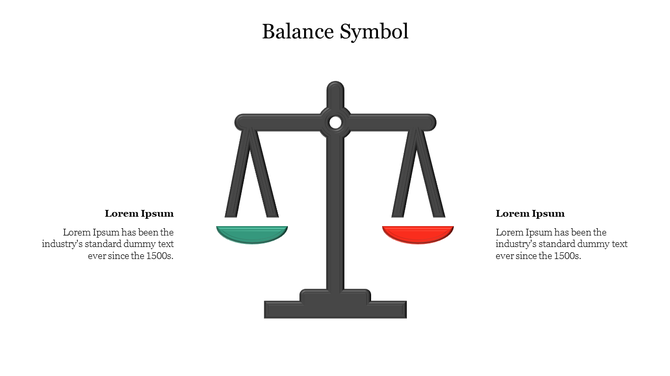 Slide with a balance scale icon with one side colored green and the other red with a placeholder text.