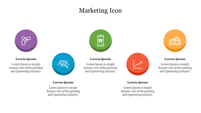 Five colored circular icons in purple, blue, green, red, and orange, with text underneath, on a white background.