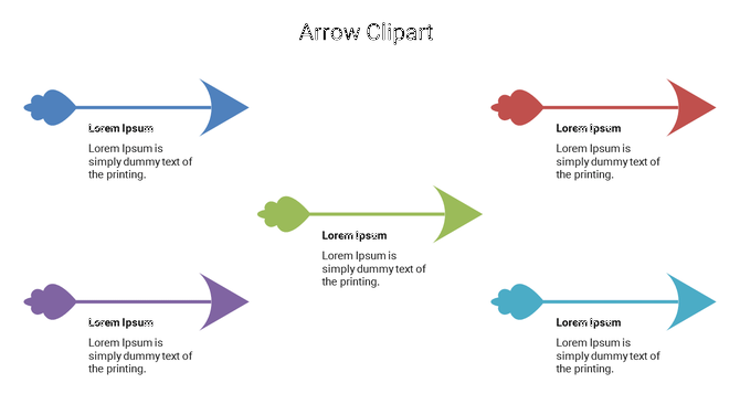 Set of five colored arrows with cloud like tails in blue, red, green, purple, and teal, with text below.