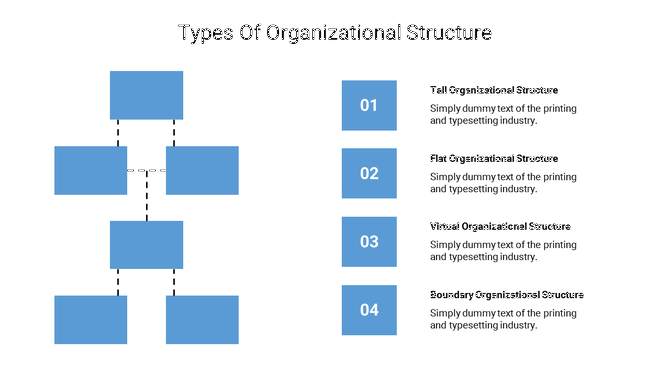 Flowchart with blue blocks, labeled with four numbered organizational structures, connected by dashed lines.