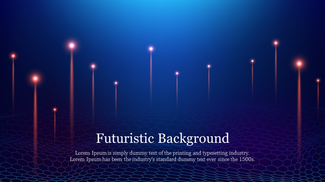 Futuristic glowing orange light beams rising from a hexagonal grid with a gradient blue background.