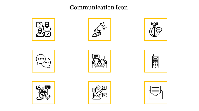 Grid of communication icons including speech bubbles, a megaphone, and a globe, all framed in yellow boxes.