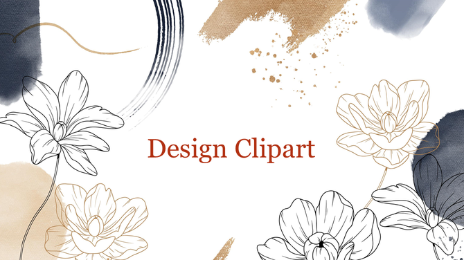 Design Clipart slide featuring floral illustrations with abstract brush strokes in beige, navy, and black.