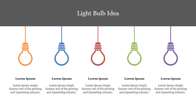 Infographic PPT slide design with light bulbs in various colors and placeholder text on a split backdrop.