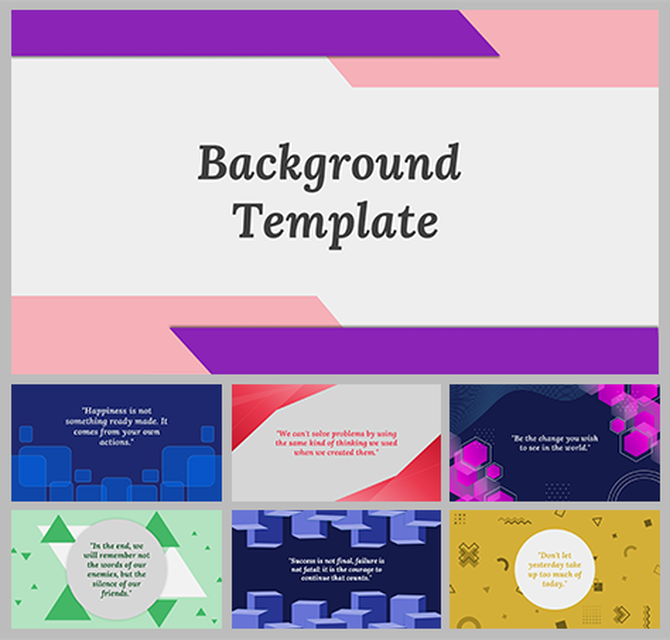 Background template collage with pink and purple slide above six colorful quote slides featuring abstract graphic designs.