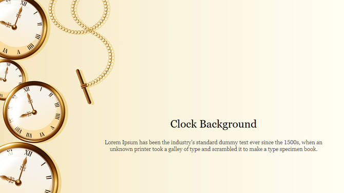 Multiple gold pocket watches and chains on the left side of a beige background with text space on the right.