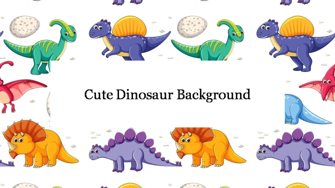 A cheerful dinosaur themed background slide with multiple friendly, cartoon dinosaurs in different colors.