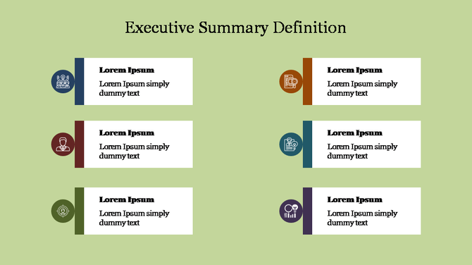 Executive Summary definition PowerPoint slide with sections highlighted with icons and placeholder text on a green theme.
