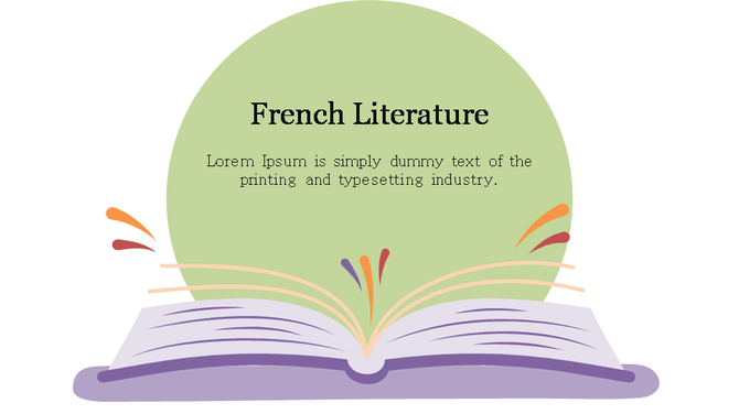 Illustration of an open book with colorful accents, beneath a green circle with French literature placeholder text.