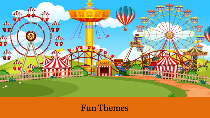 Amusement park scene with ferris wheels, colorful tents, a carousel, and hot air balloons under a bright blue sky.
