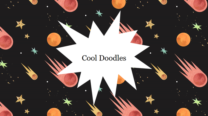 Black background PPT slide with colorful doodles of stars, planets, and comets with a white burst shape for text.