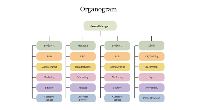 Organogram with a central general manager node branching to product and admin departments, each with function-specific nodes.