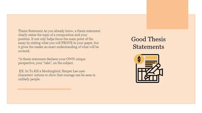 Beige slide with a detailed text on  good thesis statements on the left and icons with a dollar sign in a yellow circle.