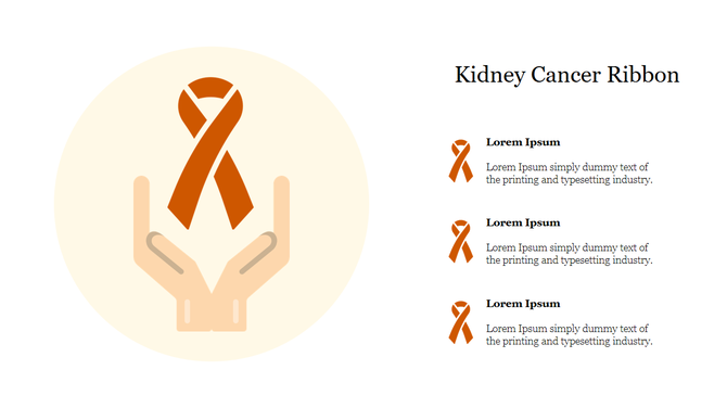 Kidney cancer awareness ribbon slide held by two hands, with text describing the ribbon's purpose.