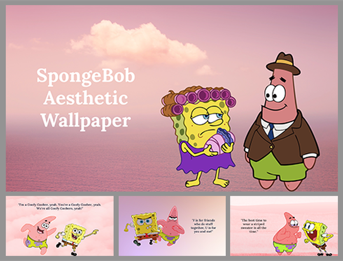 A pack of aesthetic wallpaper featuring two cheerful Spongebob cartoon characters against a soft pink, dreamy background.