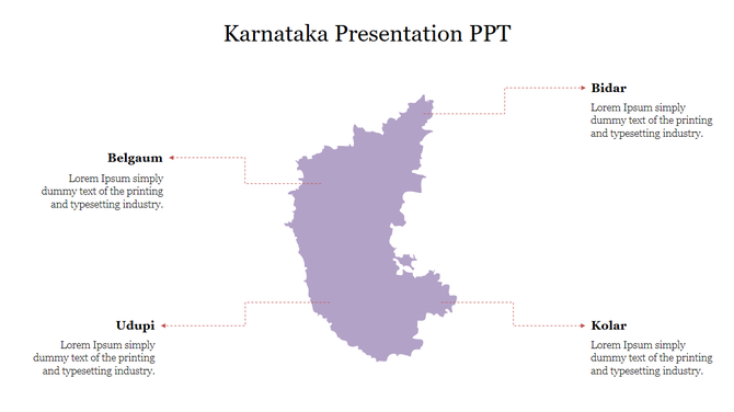 Map of Karnataka in a light purple hue, featuring directional labels for five cities with placeholder text.