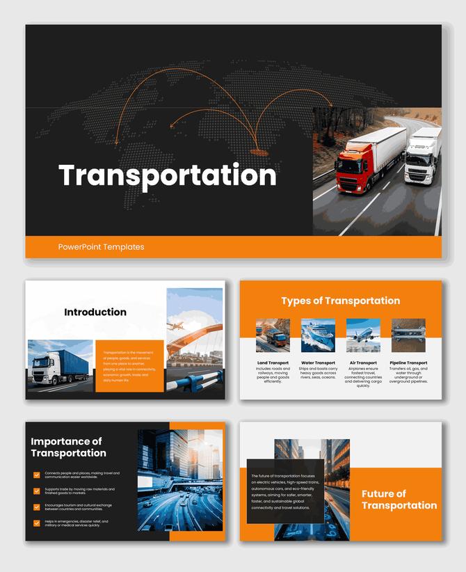 Transportation slides with trucks, ships, planes, pipelines, city roads, orange theme, text holders, Vegetable Presentation.