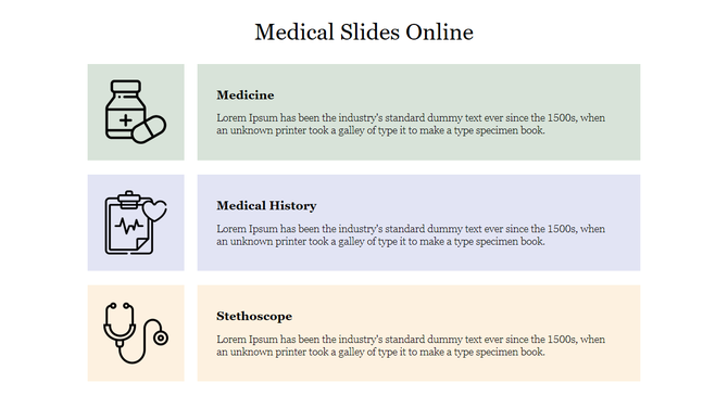 Three horizontal sections, each representing medical icons, with pastel colored backgrounds.