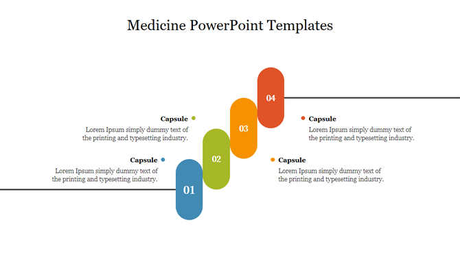 Medicine PowerPoint template with colorful capsules representing steps in a process, with captions.