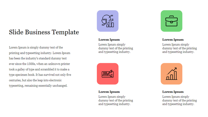 Slide layout with a text section on the left and two columns of icons in purple, green, red, and orange on the right.