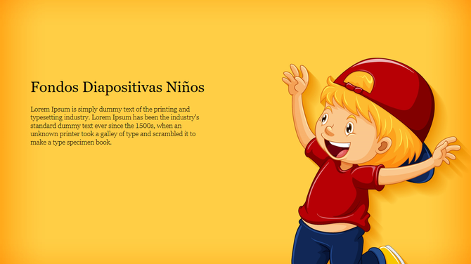 Fondos diapositivas ninos slide featuring a happy child in a red shirt, on a yellow background and text on the left.