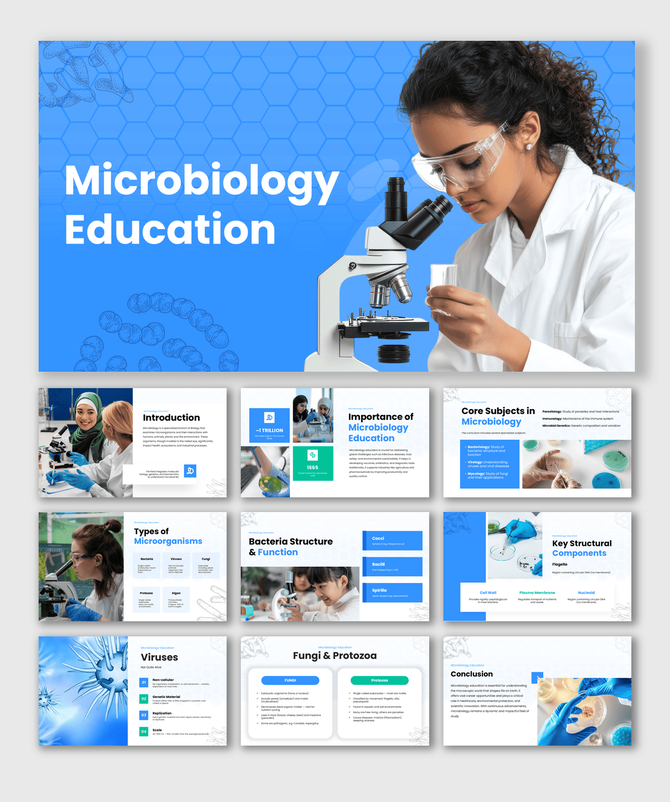 Microbiology education presentation template with scientist using microscope and lab visuals.