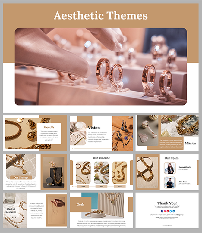 Slide deck showcasing jewelry themed presentation templates with a warm color palette and images of rings and necklaces.