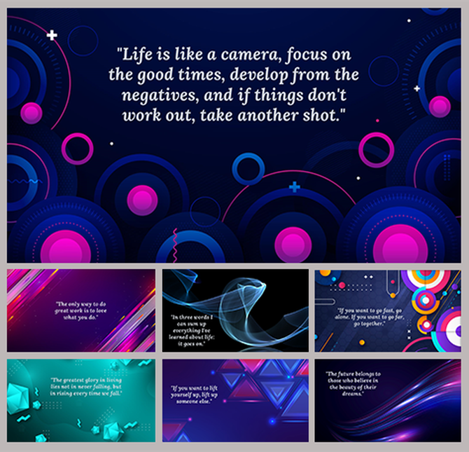 A pack of cool and colorful Google Slides backgrounds featuring dynamic shapes and motivational text.