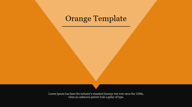 Slide with a bold orange background, a downward facing lighter triangle, and a black bottom bar containing text.