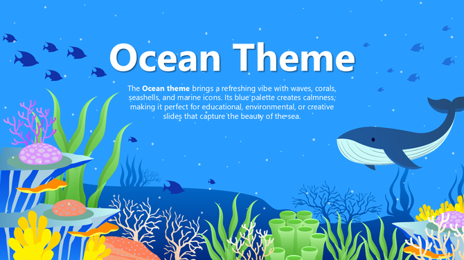 Ocean theme with whale, fishes, corals, shells, seagrass, blue tones, and text holders for creative presentations.