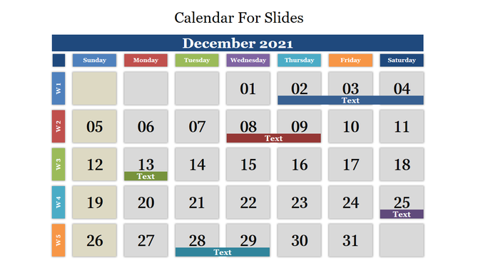 Monthly calendar for December 2021 with a blue title bar, colored columns for each day, and text boxes on specific dates.