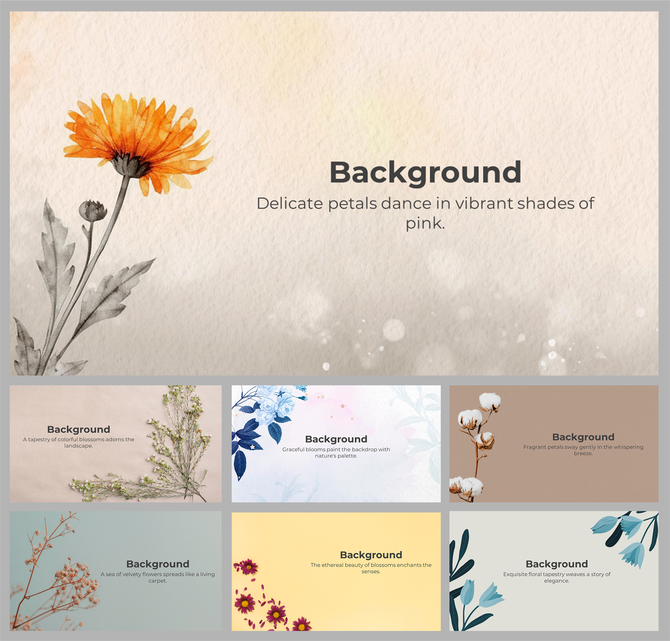 A pack of pastel floral backgrounds for Google Slides featuring a watercolor illustration of a flower in shades of pink.