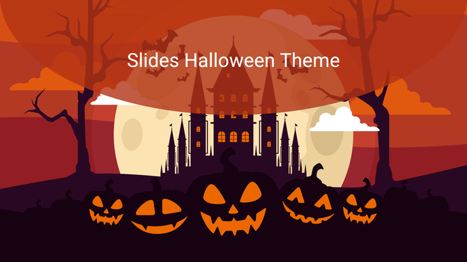 Halloween themed illustration with pumpkins, a dark castle, bats, and a cloudy sky, set in orange and purple tones.