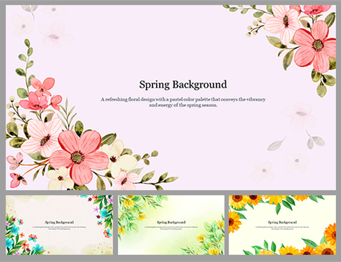 Collection of slides showing floral spring design with pastel flowers on a light purple and green backdrop.
