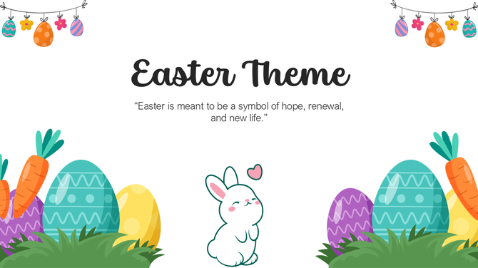 Easter PowerPoint theme with bunny, colorful eggs, carrots, grass, pastel shades, text space, and festive hanging icons.