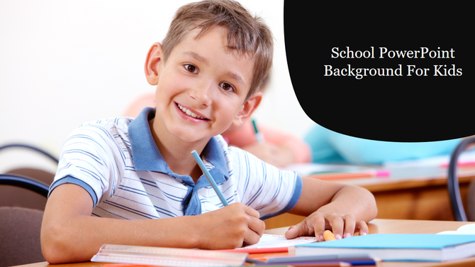 School slide featuring a cheerful boy in a classroom background, writing in a notebook, with a black banner on the right.
