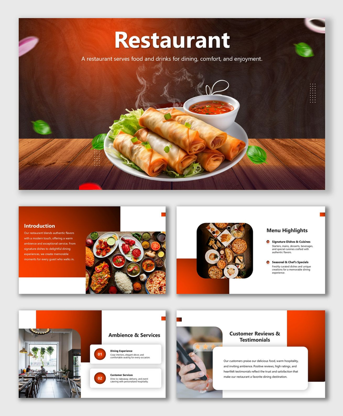 Restaurant slides with food images, menu, ambience, reviews, orange gradient theme, text holders, and shapes.