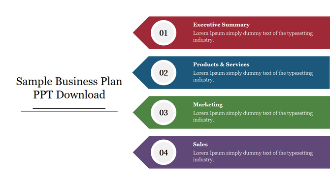 Business plan slide with four horizontal arrow shaped banners in red, blue, green, and purple, numbered 1 to 4 with text.