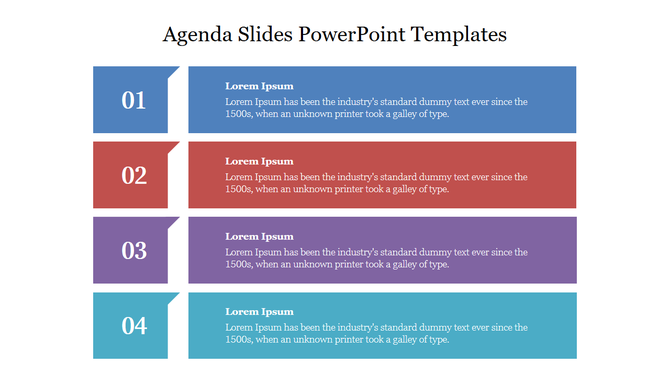 Agenda slide with four horizontal rows of numbered colored banners in blue, red, purple, and teal, each with title and text.