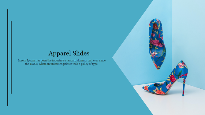 Blue themed slide with a text and black vertical lines, and floral patterned high heels showcased on the right.
